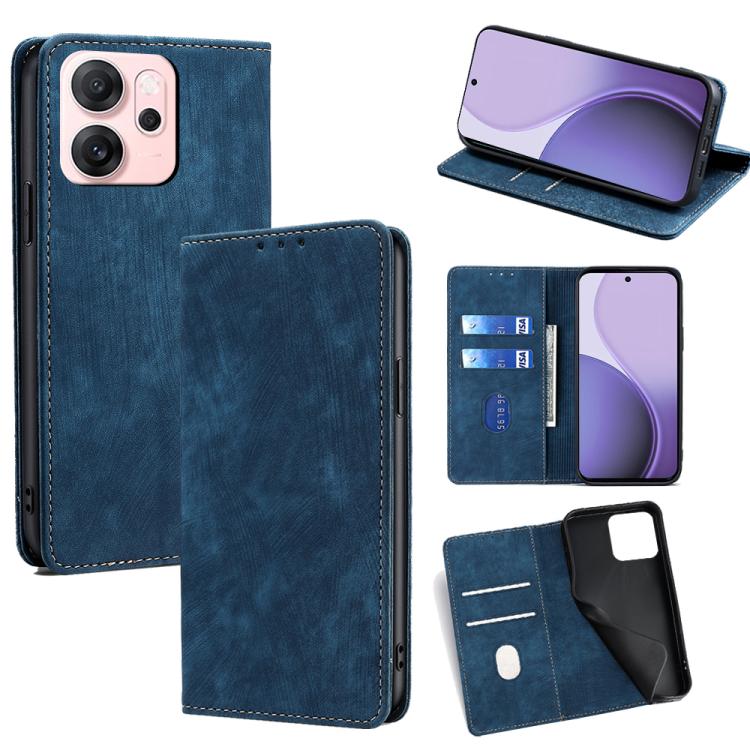 

For OPPO Reno14 F 5G RFID Anti-theft Brush Magnetic Leather Phone Case(Blue)