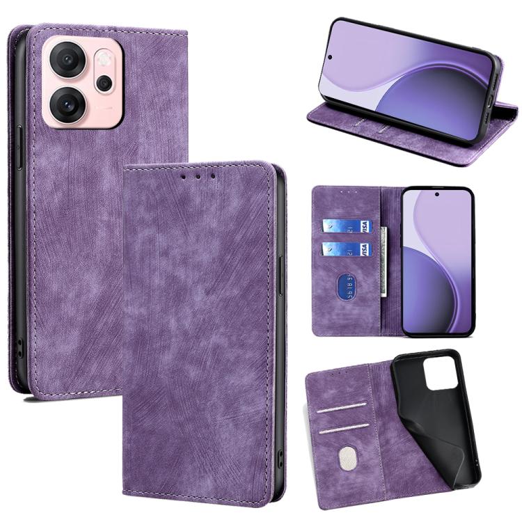 

For OPPO Reno14 F 5G RFID Anti-theft Brush Magnetic Leather Phone Case(Purple)