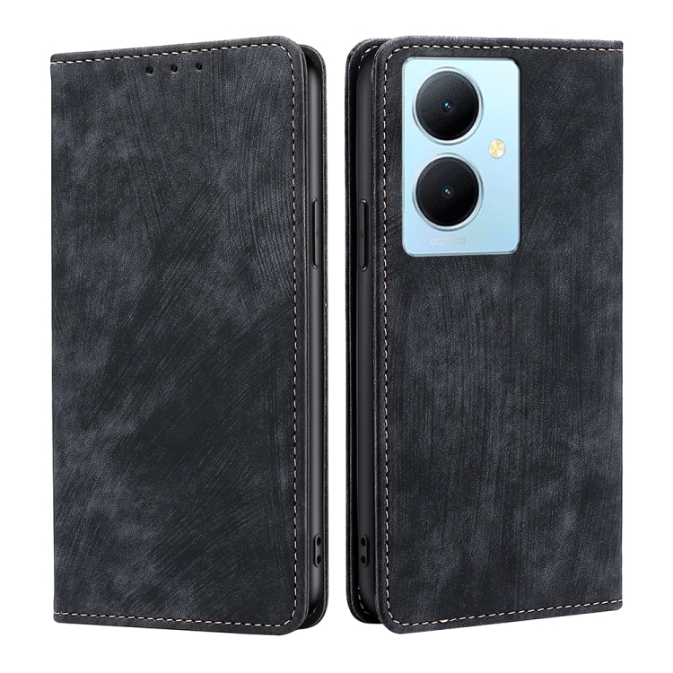 

For vivo Y78 Plus 5G RFID Anti-theft Brush Magnetic Leather Phone Case(Black)