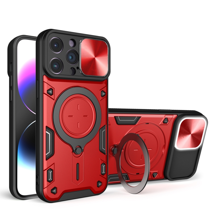 

For iPhone 14 Pro Max CD Texture Sliding Camshield Magnetic Holder Phone Case(Red)