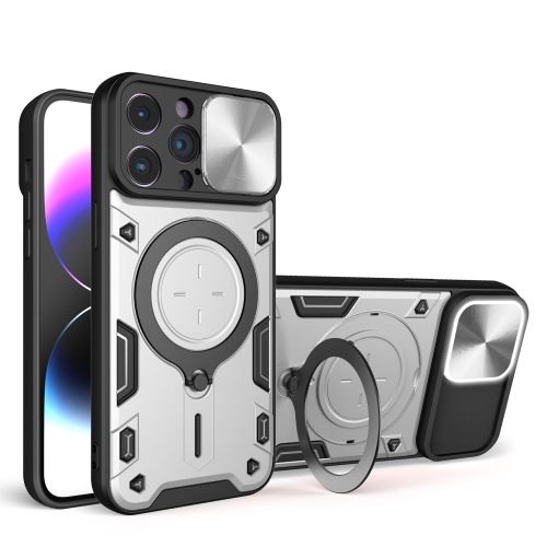 

For iPhone 14 Pro Max CD Texture Sliding Camshield Magnetic Holder Phone Case(Silver)