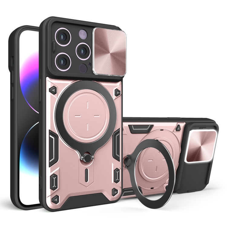 

For iPhone 14 Plus CD Texture Sliding Camshield Magnetic Holder Phone Case(Pink)