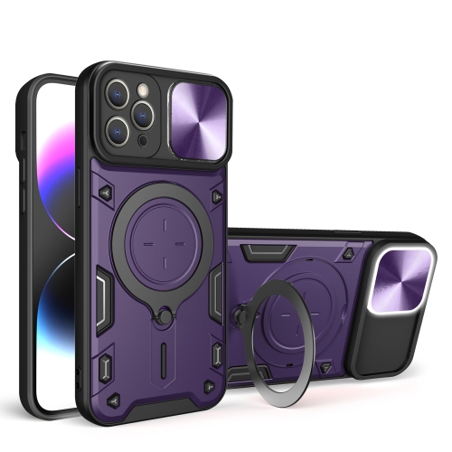 

For iPhone 13 CD Texture Sliding Camshield Magnetic Holder Phone Case(Purple)