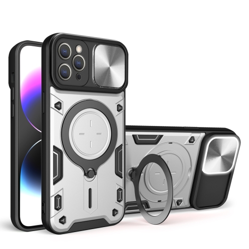 

For iPhone 13 Pro Max CD Texture Sliding Camshield Magnetic Holder Phone Case(Silver)