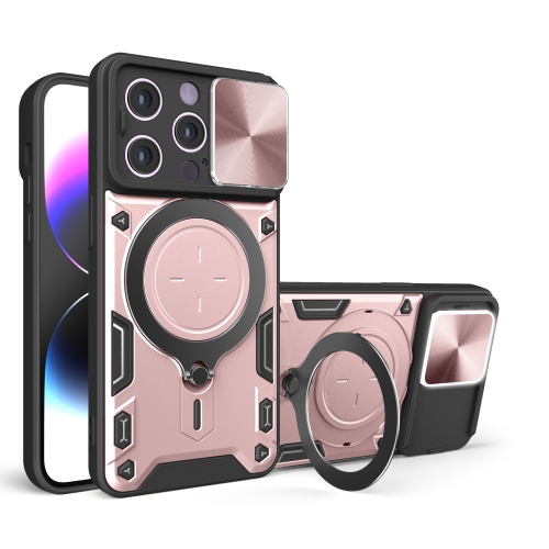 For iPhone 15 Pro Max CD Texture Sliding Camshield Magnetic Holder Phone Case(Pink)