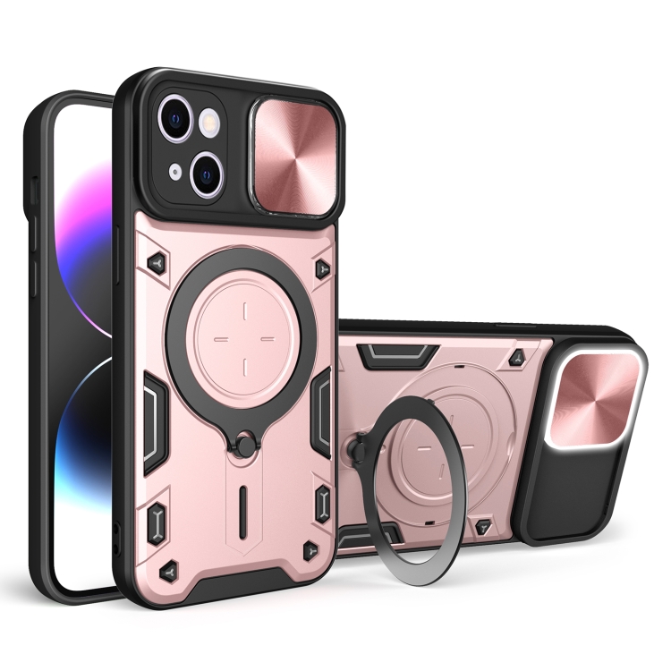 

For iPhone 15 Plus CD Texture Sliding Camshield Magnetic Holder Phone Case(Pink)