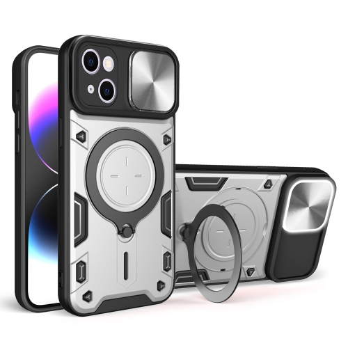 For iPhone 15 CD Texture Sliding Camshield Magnetic Holder Phone Case(Silver)