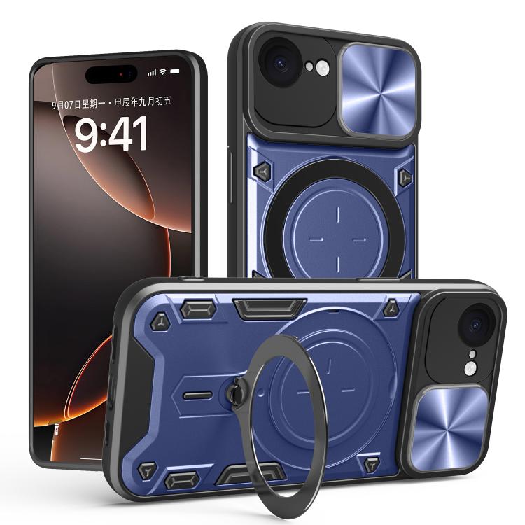 

For iPhone 16e CD Texture Sliding Camshield Magnetic Holder Phone Case(Blue)