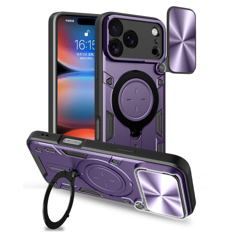 For iPhone 18 Pro Max CD Texture Sliding Camshield Magnetic Holder Phone Case(Purple)