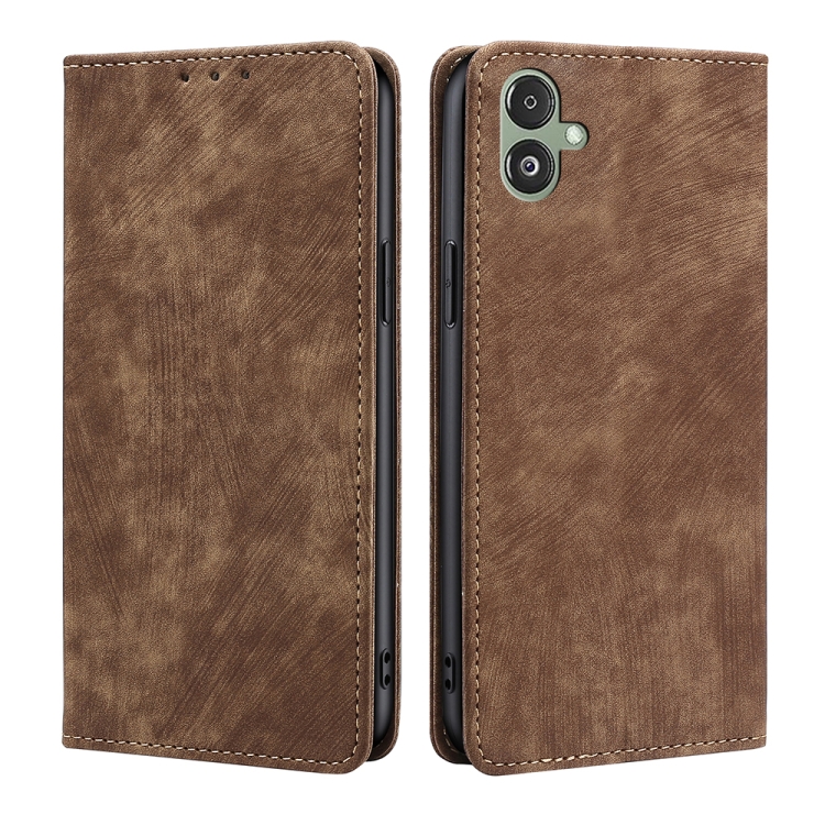 

For Samsung Galaxy F14 5G RFID Anti-theft Brush Magnetic Leather Phone Case(Brown)