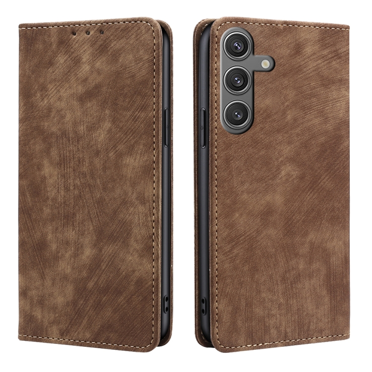 

For Samsung Galaxy S24 5G RFID Anti-theft Brush Magnetic Leather Phone Case(Brown)