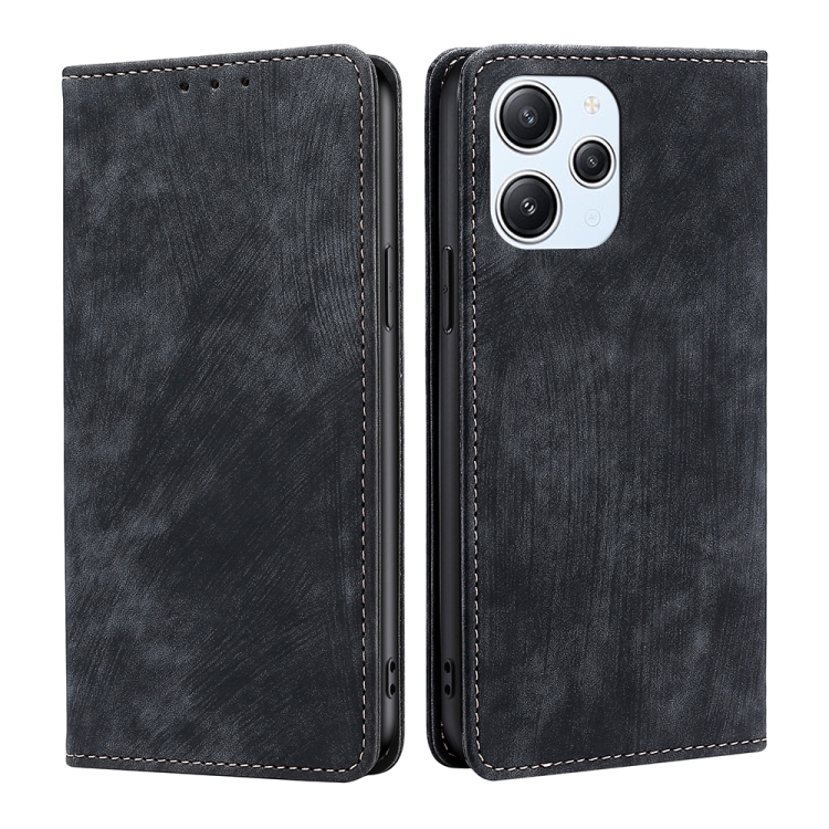 

For Xiaomi Redmi 12 4G RFID Anti-theft Brush Magnetic Leather Phone Case(Black)