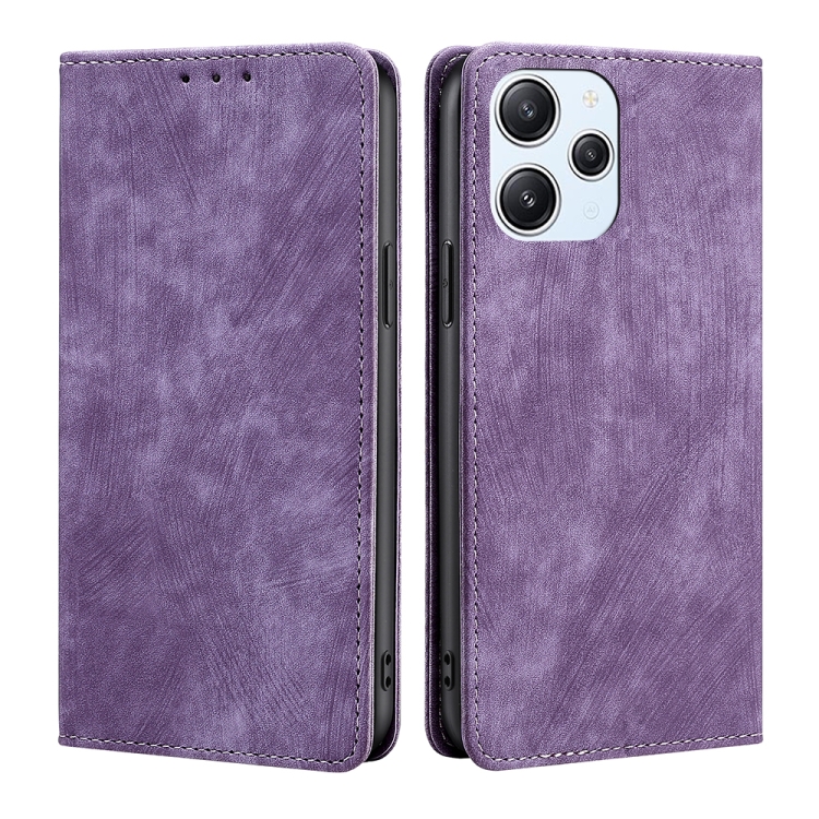 

For Xiaomi Redmi 12 4G RFID Anti-theft Brush Magnetic Leather Phone Case(Purple)