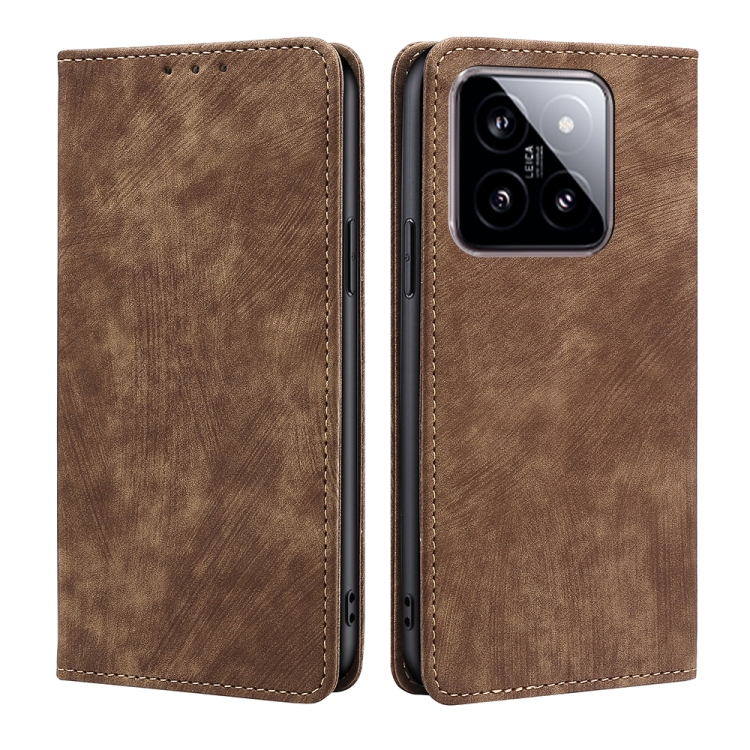

For Xiaomi 14 RFID Anti-theft Brush Magnetic Leather Phone Case(Brown)