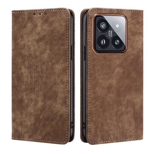 

For Xiaomi 14 Pro RFID Anti-theft Brush Magnetic Leather Phone Case(Brown)