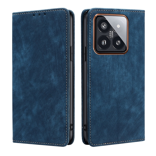 

For Xiaomi 14 Pro RFID Anti-theft Brush Magnetic Leather Phone Case(Blue)