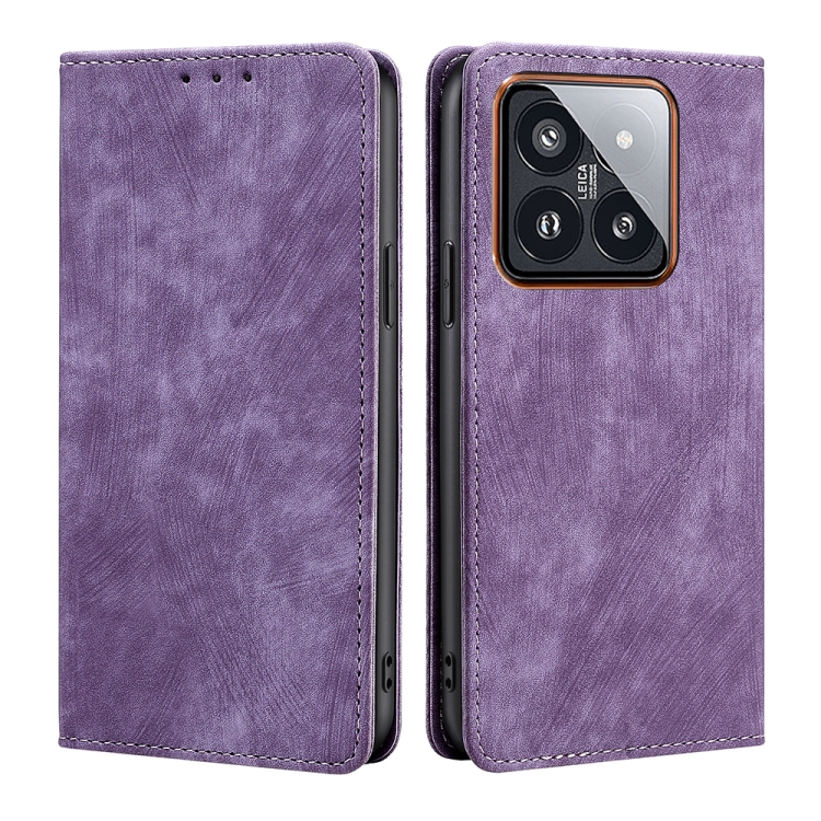 

For Xiaomi 14 Pro RFID Anti-theft Brush Magnetic Leather Phone Case(Purple)