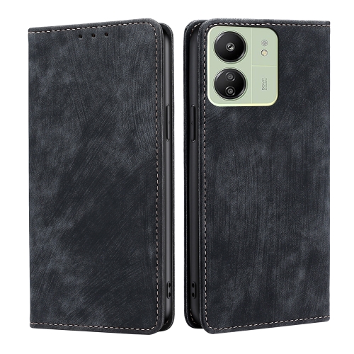 

For Xiaomi Redmi 13C RFID Anti-theft Brush Magnetic Leather Phone Case(Black)