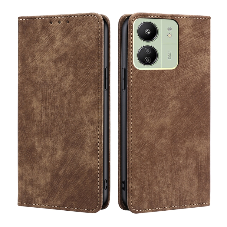 

For Xiaomi Redmi 13C RFID Anti-theft Brush Magnetic Leather Phone Case(Brown)
