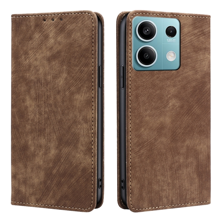 

For Xiaomi Redmi Note 13 4G RFID Anti-theft Brush Magnetic Leather Phone Case(Brown)