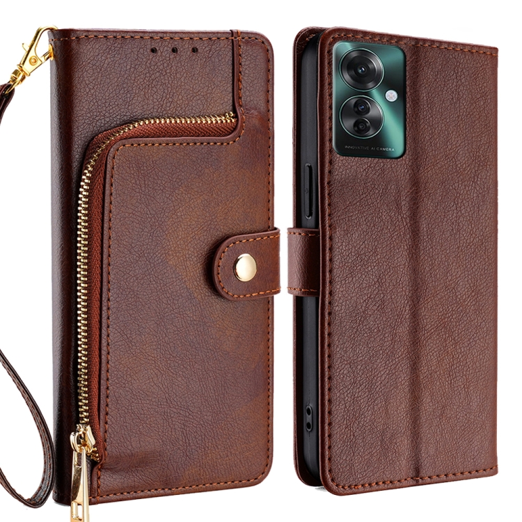 

For OPPO Reno11 F 5G Zipper Bag Leather Phone Case(Brown)