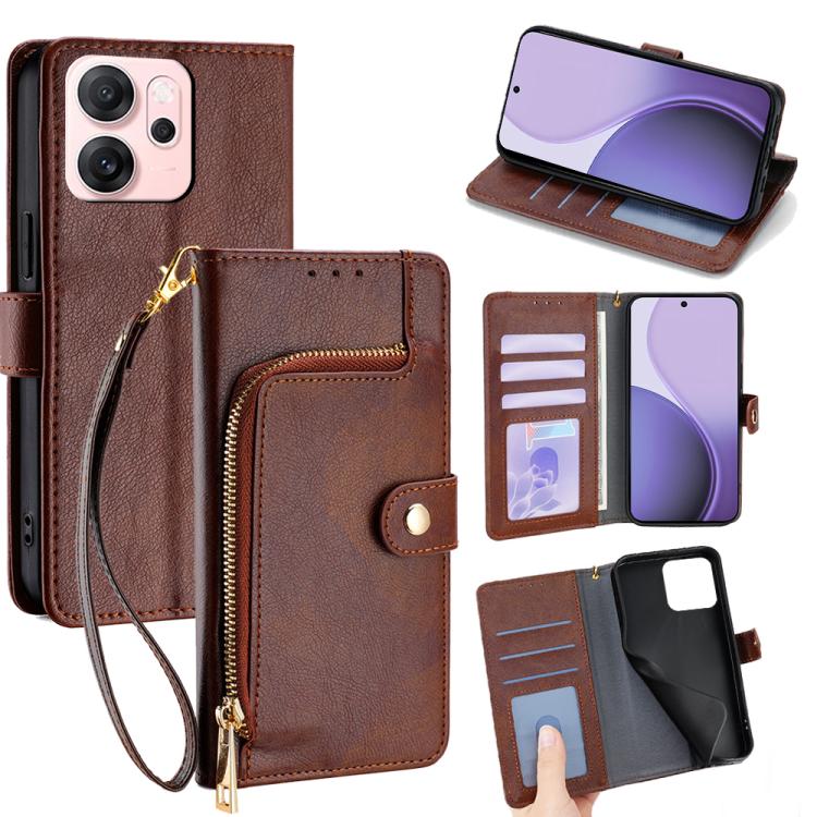 

For OPPO Reno14 F 5G Zipper Bag Leather Phone Case(Brown)