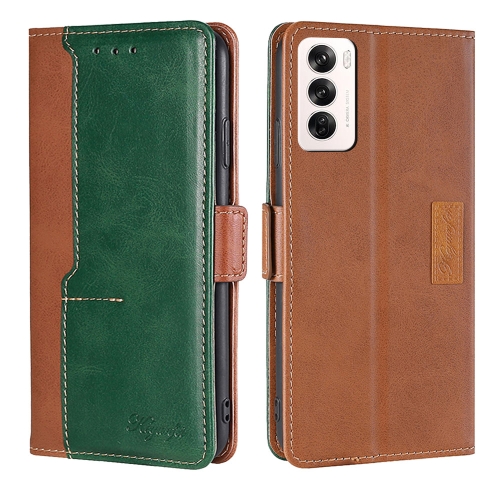 

For OPPO Reno12 5G Global Contrast Color Side Buckle Leather Phone Case(Light Brown + Green)