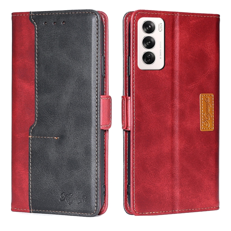 

For OPPO Reno12 5G Global Contrast Color Side Buckle Leather Phone Case(Red + Black)