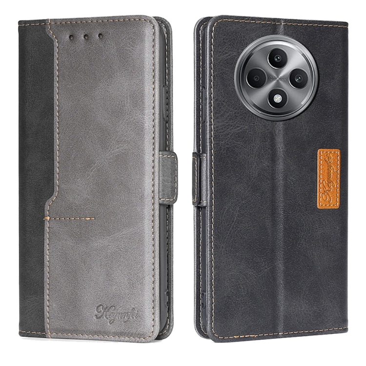 

For OPPO Reno12 F 5G Contrast Color Side Buckle Leather Phone Case(Black + Grey)