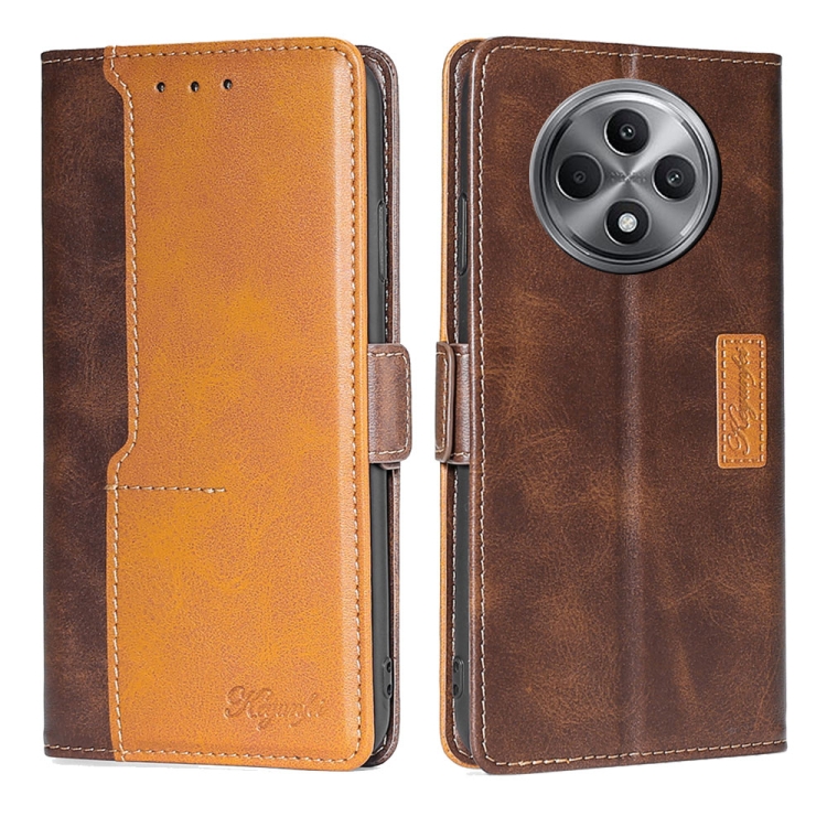 

For OPPO Reno12 F 5G Contrast Color Side Buckle Leather Phone Case(Dark Brown + Gold)