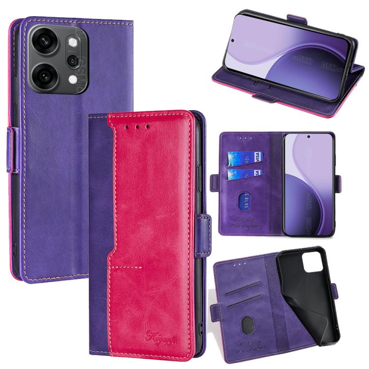 

For OPPO Reno14 Pro 5G Contrast Color Side Buckle Leather Phone Case(Purple + Rose Red)