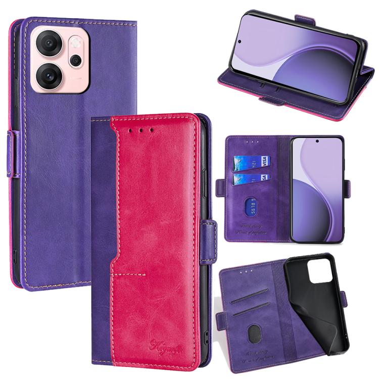 

For OPPO Reno14 F 5G Contrast Color Side Buckle Leather Phone Case(Purple + Rose Red)