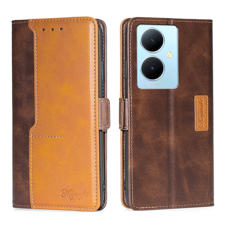 

For vivo Y78 Plus 5G Contrast Color Side Buckle Leather Phone Case(Dark Brown + Gold)
