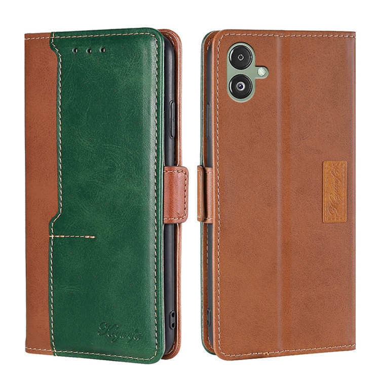 

For Samsung Galaxy F14 5G Contrast Color Side Buckle Leather Phone Case(Light Brown+Green)