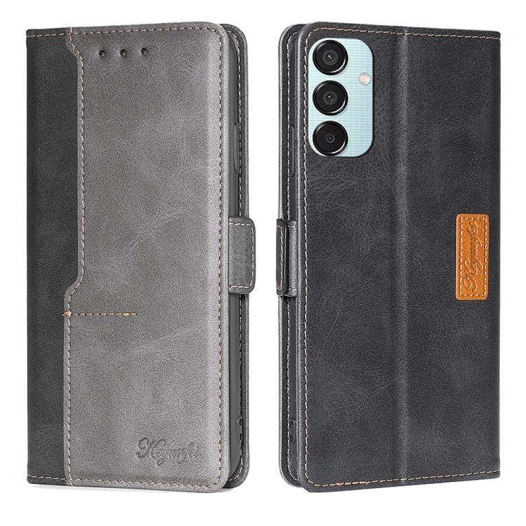 

For Samsung Galaxy M15 5G Contrast Color Side Buckle Leather Phone Case(Black + Grey)