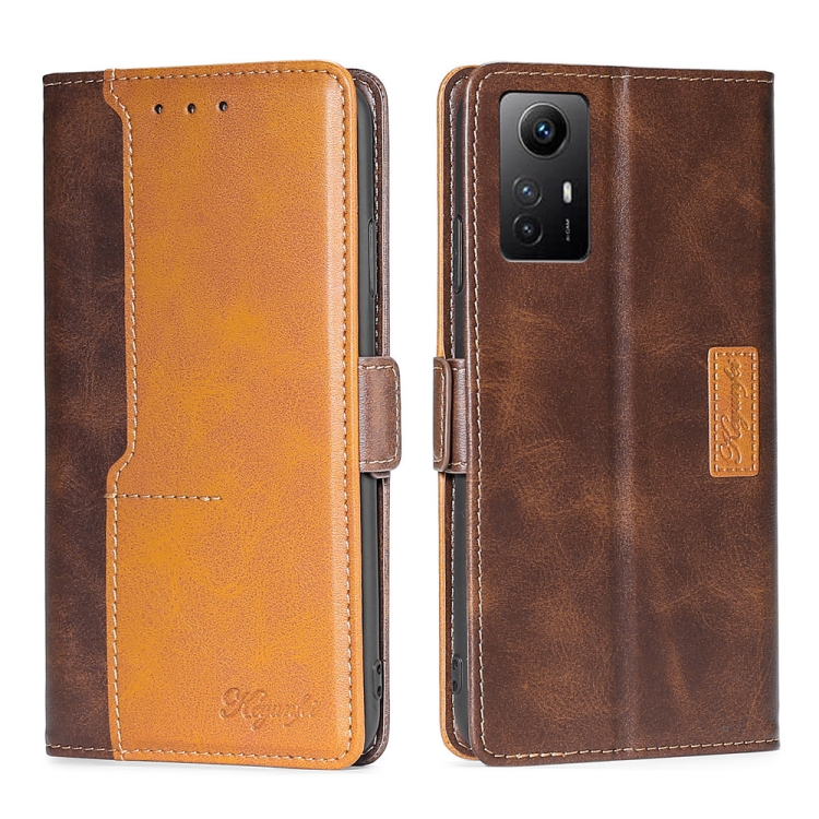 

For Xiaomi Redmi Note 12S 4G Contrast Color Side Buckle Leather Phone Case(Dark Brown + Gold)