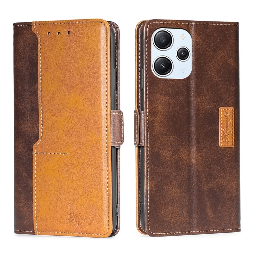 

For Xiaomi Redmi 12 4G Contrast Color Side Buckle Leather Phone Case(Dark Brown + Gold)