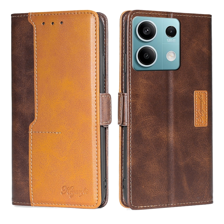 

For Xiaomi Redmi Note 13 4G Contrast Color Side Buckle Leather Phone Case(Dark Brown + Gold)
