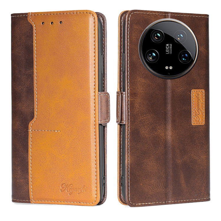 

For Xiaomi 14 Ultra 5G Contrast Color Side Buckle Leather Phone Case(Dark Brown + Gold)