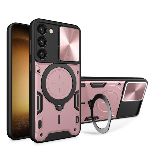 

For Samsung Galaxy S23 5G CD Texture Sliding Camshield Magnetic Holder Phone Case(Pink)