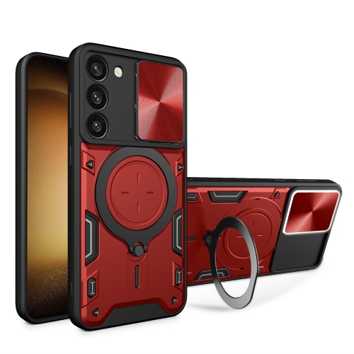 

For Samsung Galaxy S23 5G CD Texture Sliding Camshield Magnetic Holder Phone Case(Red)