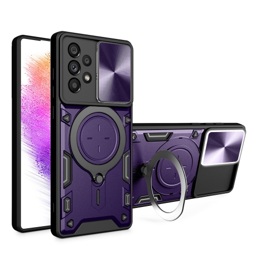 

For Samsung Galaxy A73 5G CD Texture Sliding Camshield Magnetic Holder Phone Case(Purple)