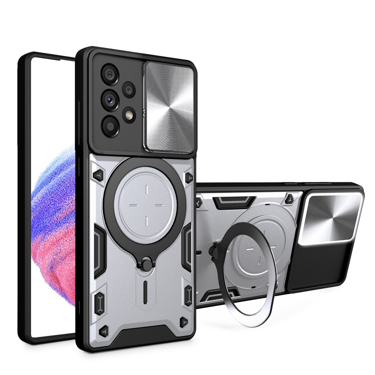 

For Samsung Galaxy A33 5G CD Texture Sliding Camshield Magnetic Holder Phone Case(Silver)