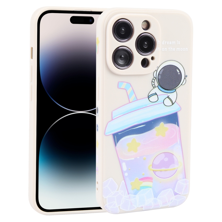 

For iPhone 14 Pro Max Milk Tea Astronaut Pattern Liquid Silicone Phone Case(Ivory White)