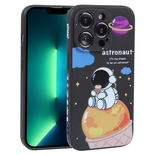 

For iPhone 13 Pro Max Milk Tea Astronaut Pattern Liquid Silicone Phone Case(Ivory Black)
