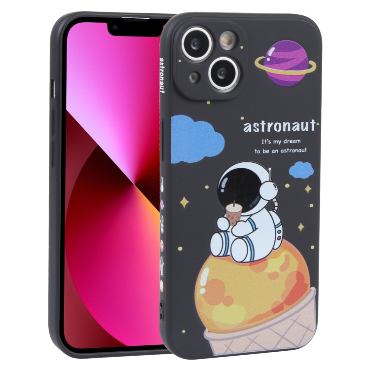 

For iPhone 13 Milk Tea Astronaut Pattern Liquid Silicone Phone Case(Ivory Black)