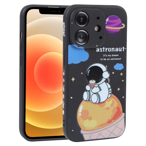 

For iPhone 12 Milk Tea Astronaut Pattern Liquid Silicone Phone Case(Ivory Black)