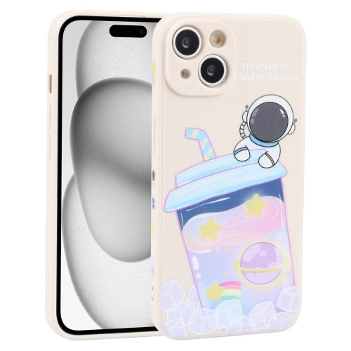 

For iPhone 15 Plus Milk Tea Astronaut Pattern Liquid Silicone Phone Case(Ivory White)