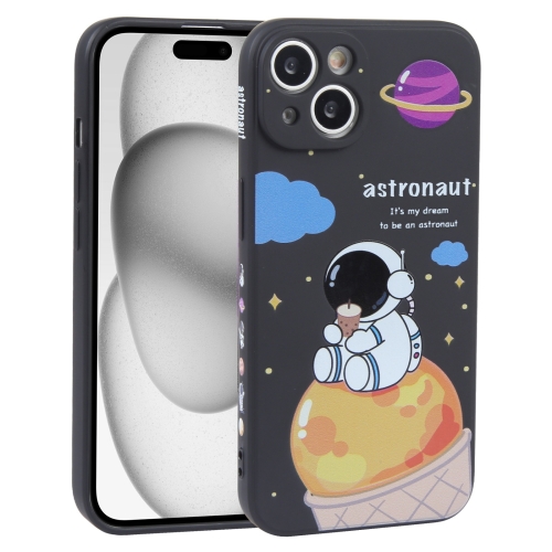 

For iPhone 15 Plus Milk Tea Astronaut Pattern Liquid Silicone Phone Case(Ivory Black)