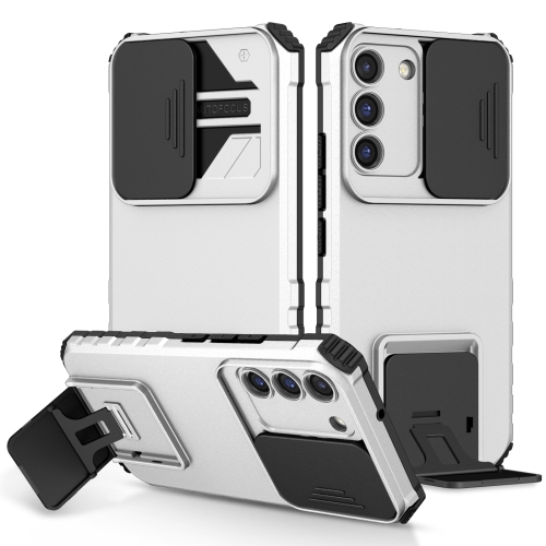 

For Samsung Galaxy S22 5G Stereoscopic Holder Sliding Camshield Phone Case(White)